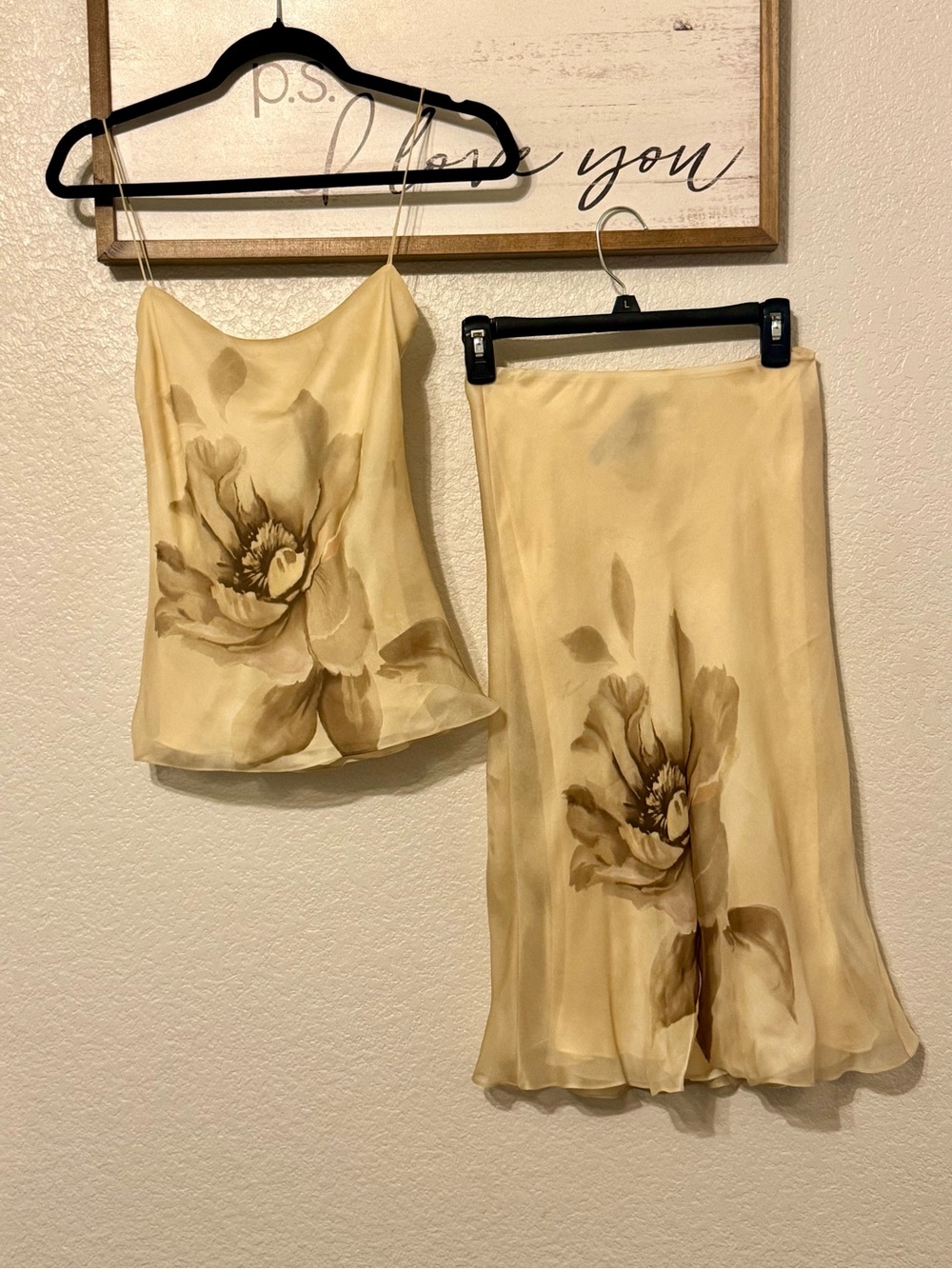 Vintage Ralph Lauren Black Label 2pc Silk Tank & Midi Skirt Set Beige Floral
